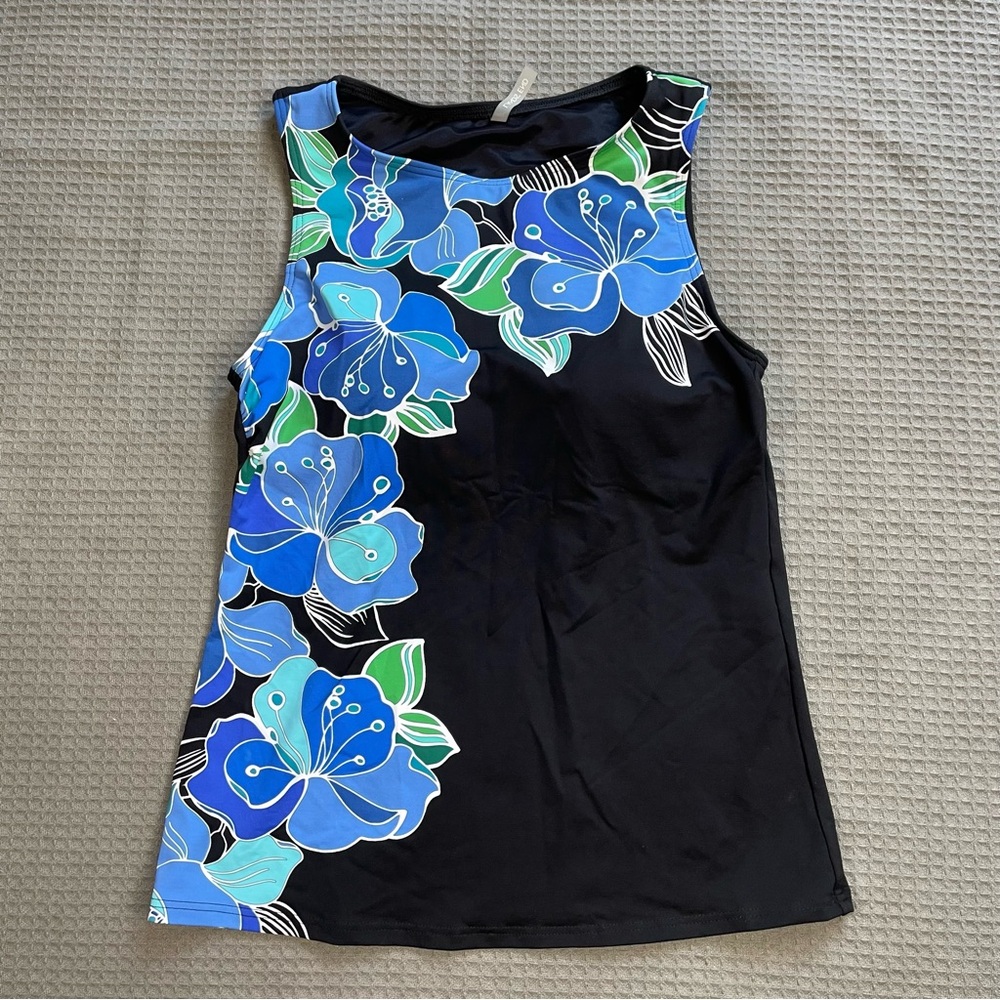 Lands End Tankini Swim Top 6 Womens High Neck Modest Black Blue‎ Floral